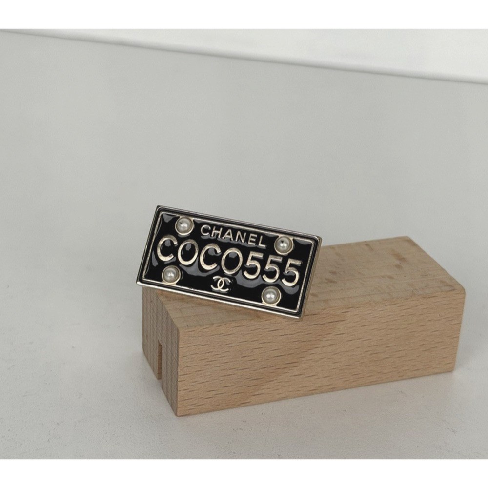 Chanel Coco License Plate Brooch Bnamel Inlay and Faux Pearl Accents